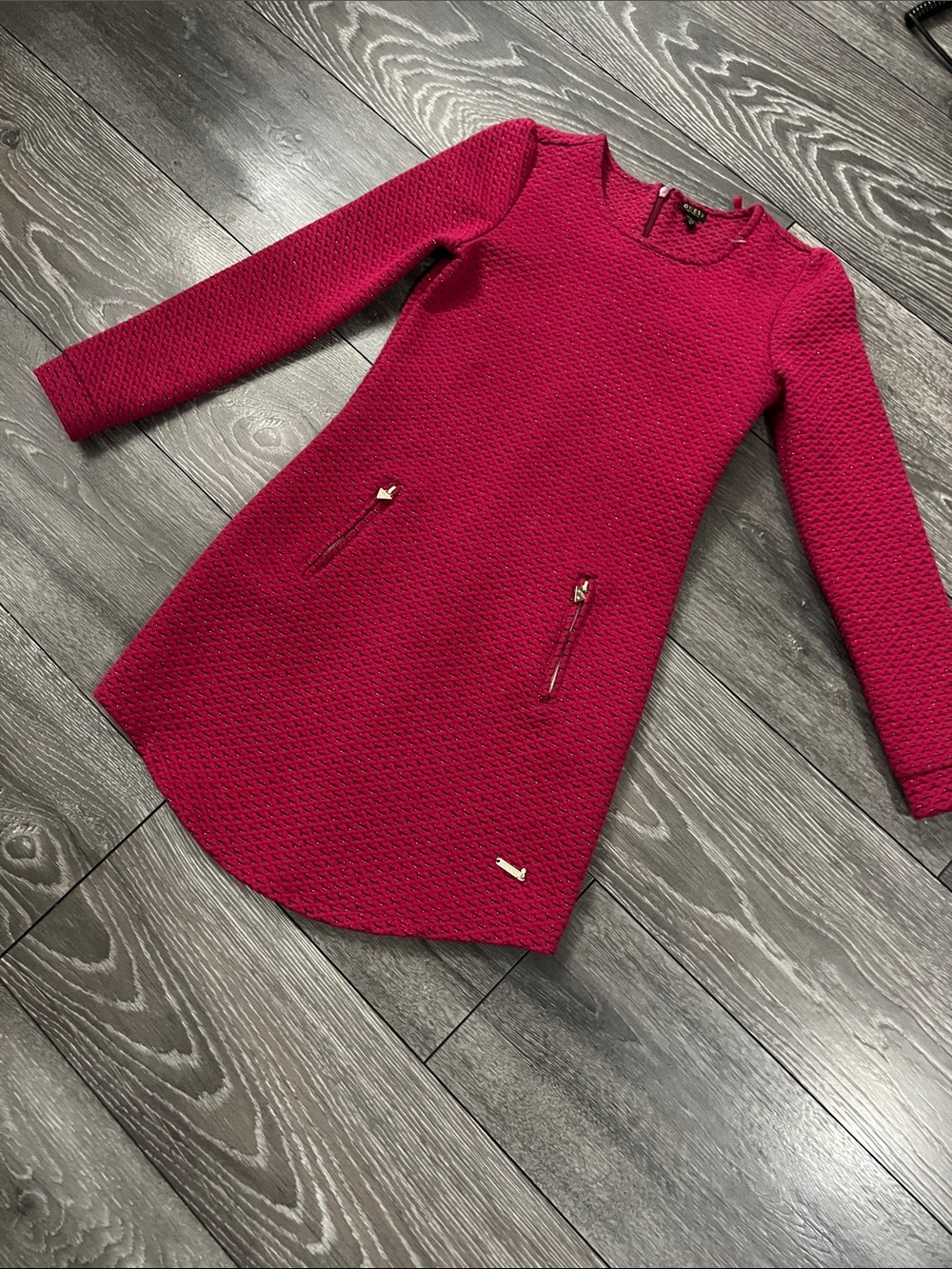 Guess Fuchsia Textured Long-Sleeve Mini Dress